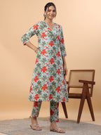 Janasya A-Line Cambric Blue Floral V-Neck Kurta & Bottom | Grocsy