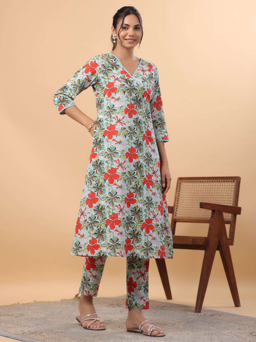Janasya A-Line Cambric Blue Floral V-Neck Kurta & Bottom | Grocsy