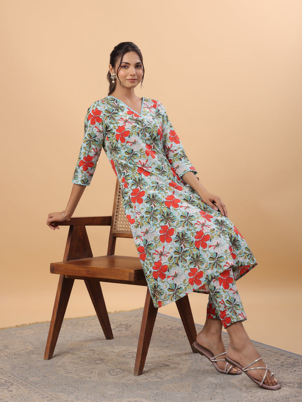 Janasya A-Line Cambric Blue Floral V-Neck Kurta & Bottom | Grocsy