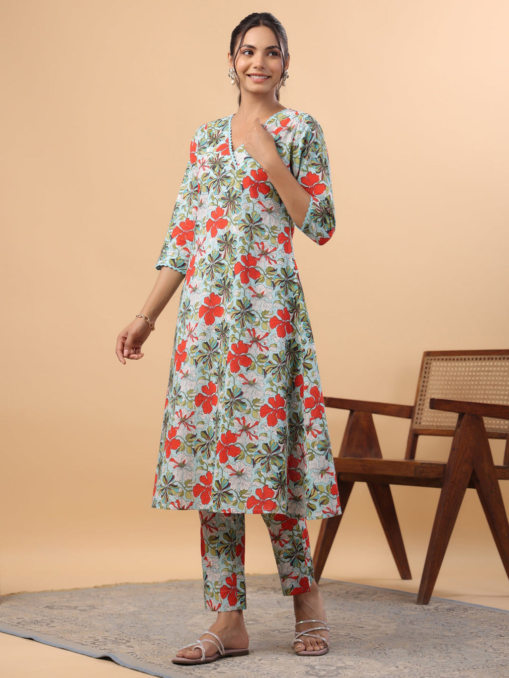 Janasya A-Line Cambric Blue Floral V-Neck Kurta & Bottom | Grocsy