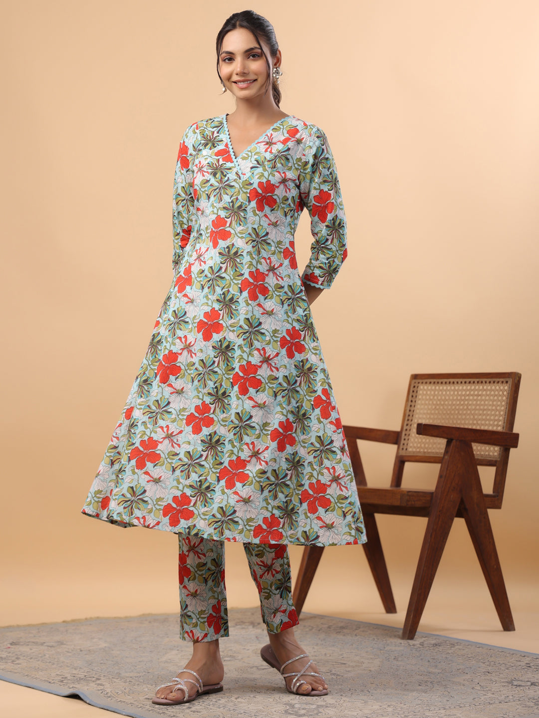 Janasya A-Line Cambric Blue Floral V-Neck Kurta & Bottom | Grocsy