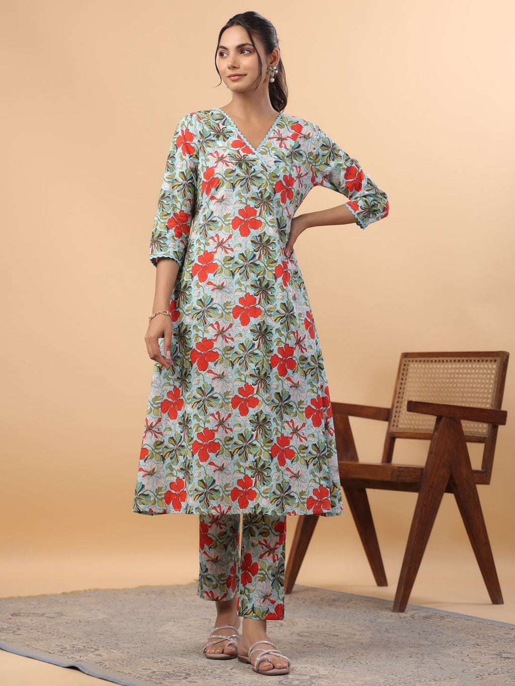 Janasya A-Line Cambric Blue Floral V-Neck Kurta & Bottom | Grocsy