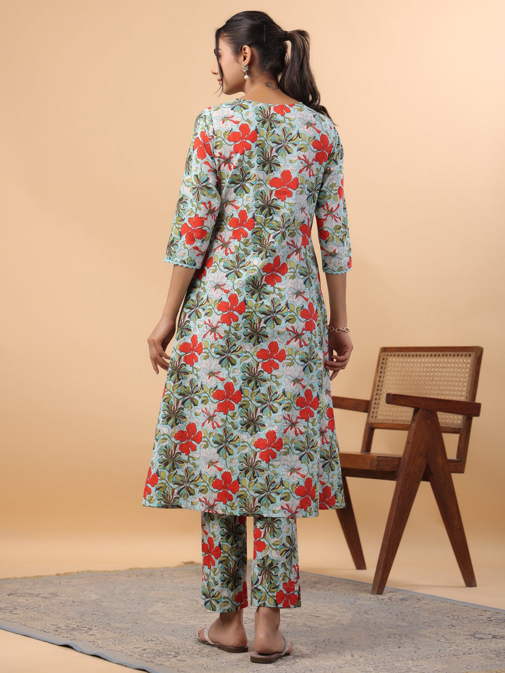 Janasya A-Line Cambric Blue Floral V-Neck Kurta & Bottom | Grocsy