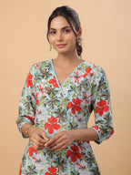 Janasya A-Line Cambric Blue Floral V-Neck Kurta & Bottom | Grocsy