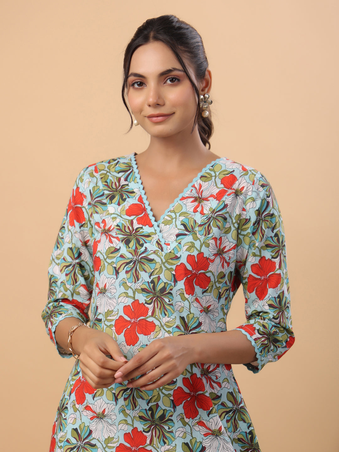Janasya A-Line Cambric Blue Floral V-Neck Kurta & Bottom | Grocsy