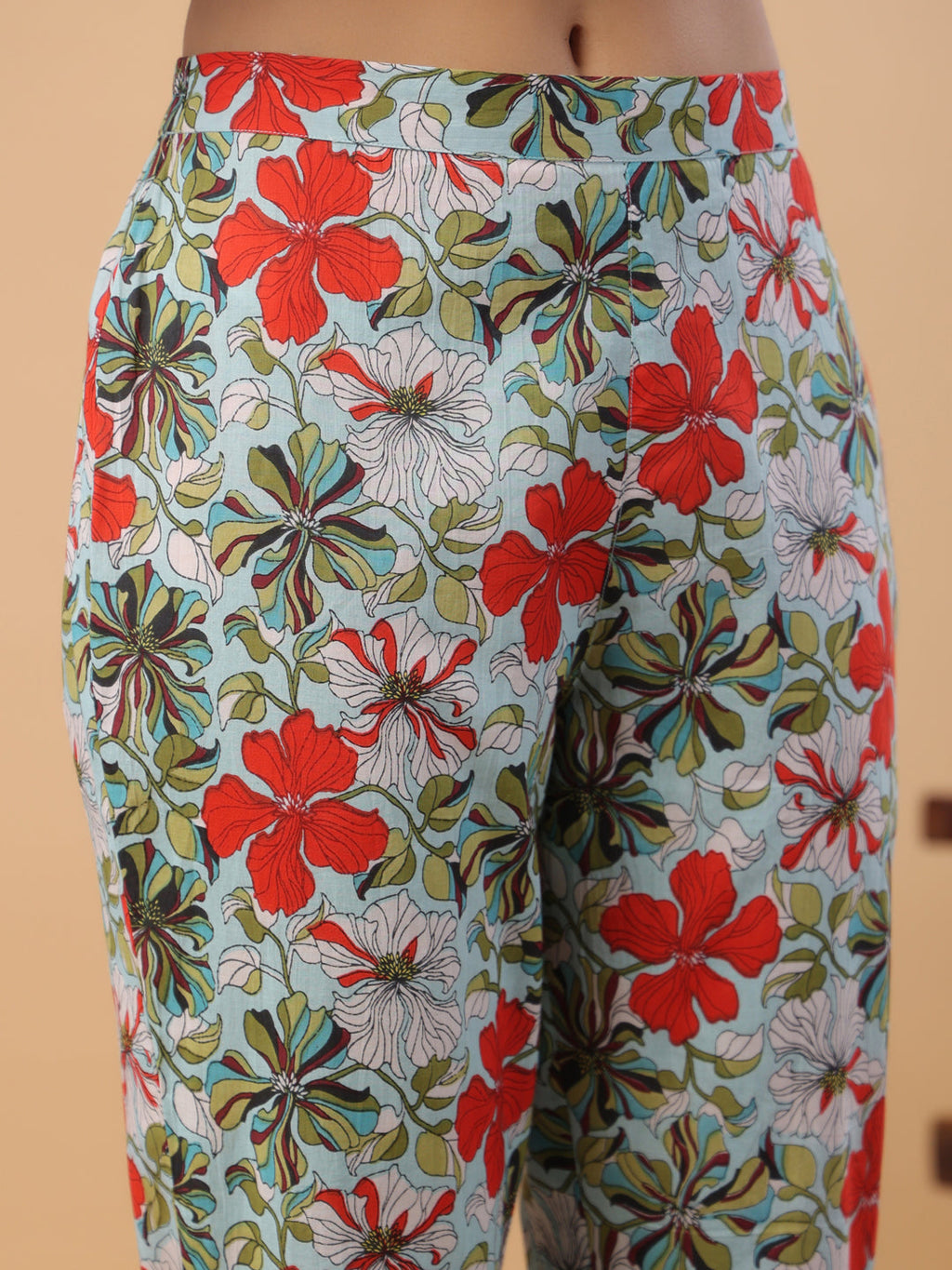 Janasya A-Line Cambric Blue Floral V-Neck Kurta & Bottom | Grocsy