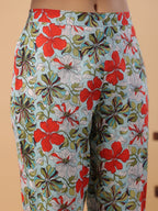 Janasya A-Line Cambric Blue Floral V-Neck Kurta & Bottom | Grocsy