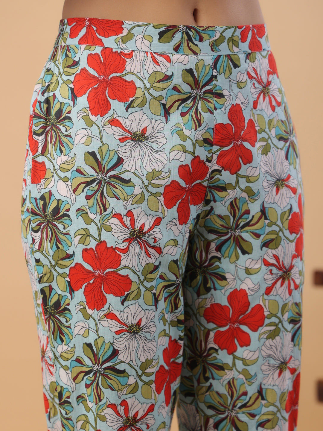 Janasya A-Line Cambric Blue Floral V-Neck Kurta & Bottom | Grocsy