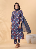 Janasya Regular Cambric Navy Blue Floral Band Collar Kurta,Bottom & Dupatta | Grocsy