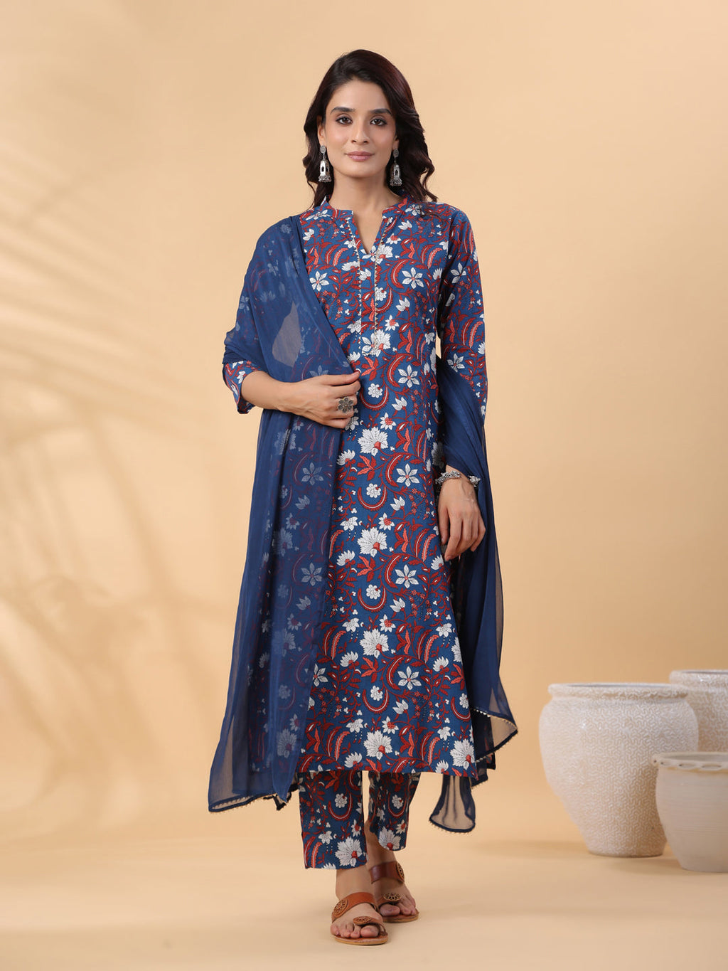Janasya Regular Cambric Navy Blue Floral Band Collar Kurta,Bottom & Dupatta | Grocsy