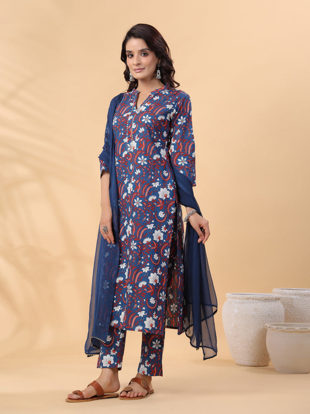 Janasya Regular Cambric Navy Blue Floral Band Collar Kurta,Bottom & Dupatta | Grocsy