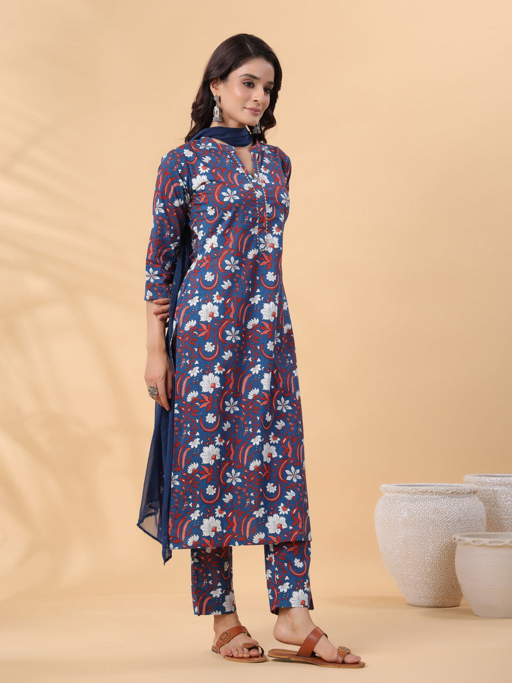Janasya Regular Cambric Navy Blue Floral Band Collar Kurta,Bottom & Dupatta | Grocsy
