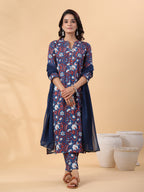 Janasya Regular Cambric Navy Blue Floral Band Collar Kurta,Bottom & Dupatta | Grocsy