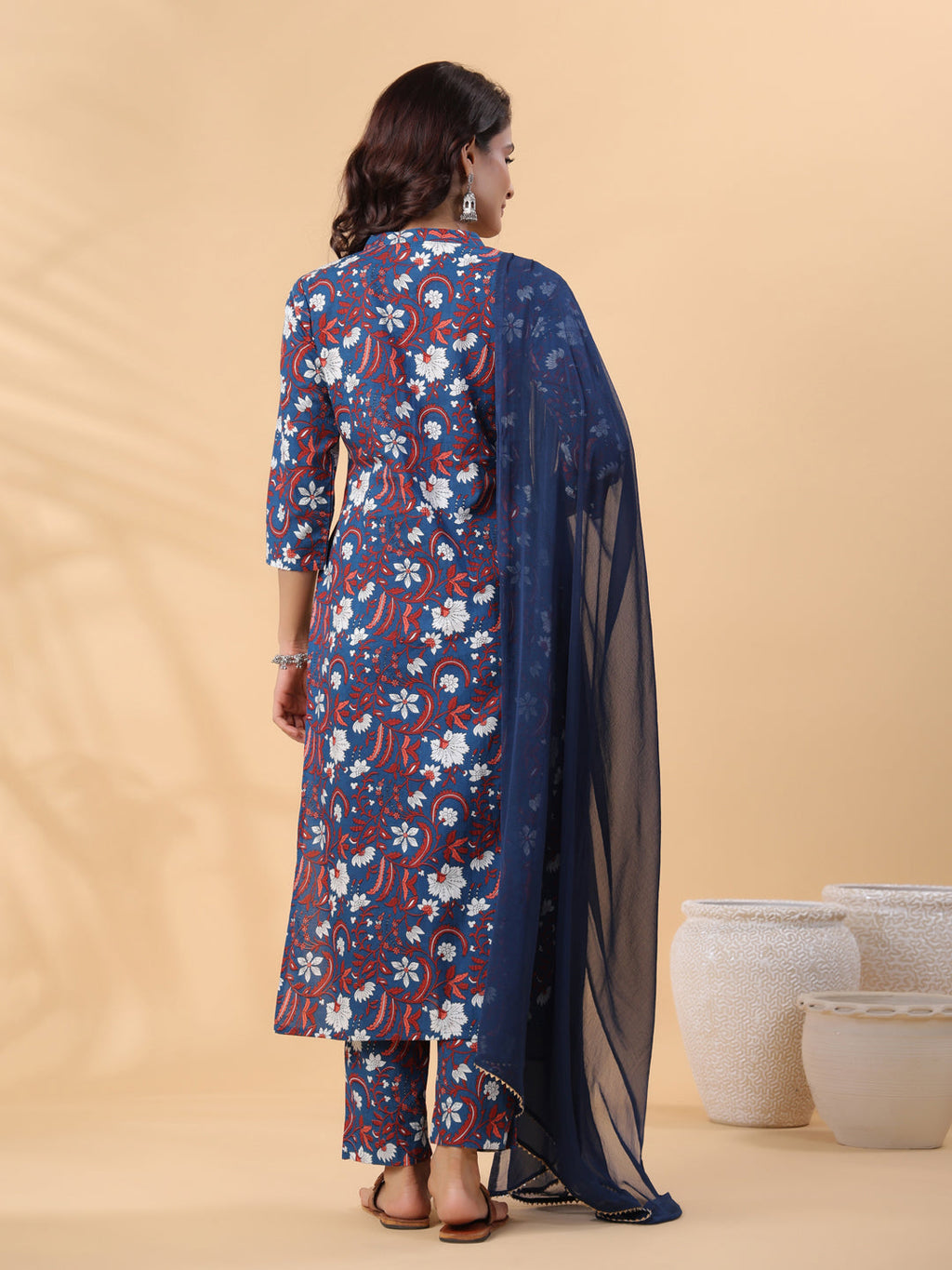 Janasya Regular Cambric Navy Blue Floral Band Collar Kurta,Bottom & Dupatta | Grocsy