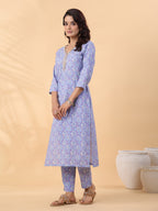 Janasya Regular Cambric Ice Blue Floral V-Neck Kurta Set | Grocsy