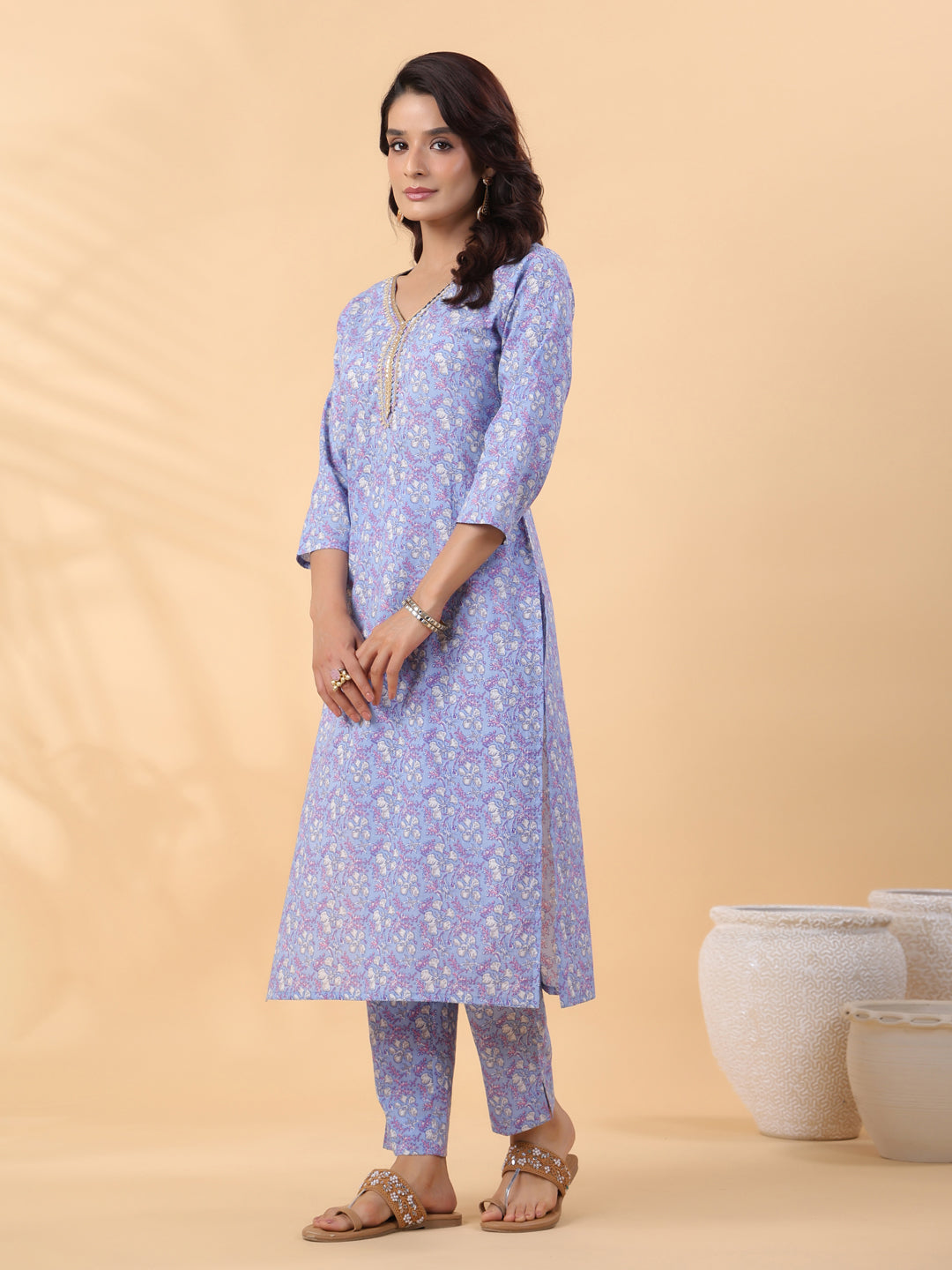 Janasya Regular Cambric Ice Blue Floral V-Neck Kurta Set | Grocsy