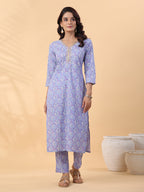 Janasya Regular Cambric Ice Blue Floral V-Neck Kurta Set | Grocsy