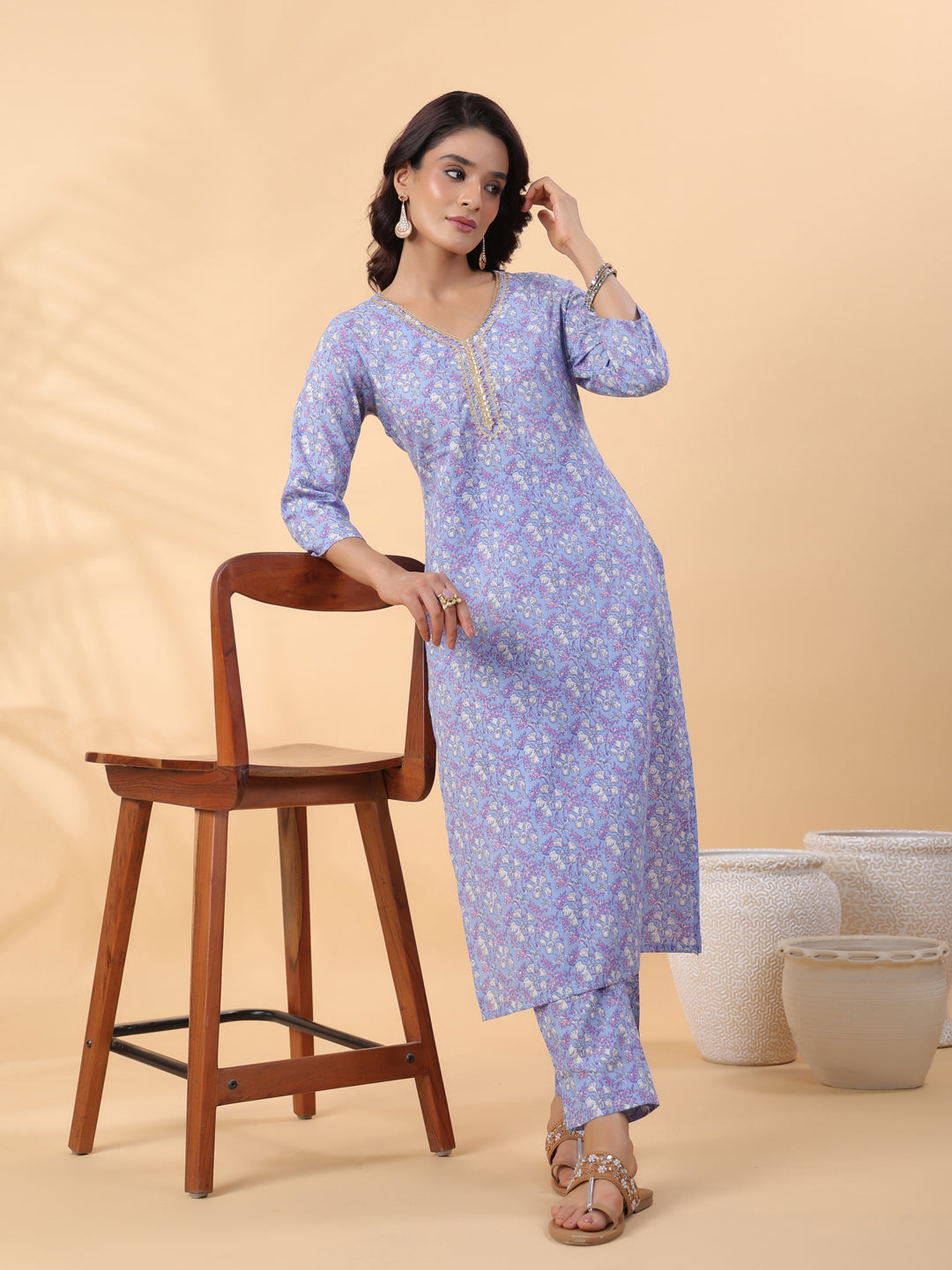 Janasya Regular Cambric Ice Blue Floral V-Neck Kurta Set | Grocsy