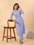 Janasya Ice Blue Cambric Floral Kurta Set | Grocsy