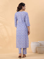 Janasya Regular Cambric Ice Blue Floral V-Neck Kurta Set | Grocsy
