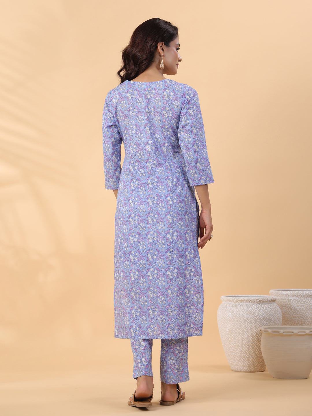 Janasya Regular Cambric Ice Blue Floral V-Neck Kurta Set | Grocsy