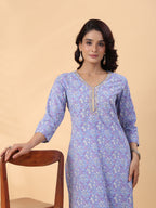 Janasya Regular Cambric Ice Blue Floral V-Neck Kurta Set | Grocsy
