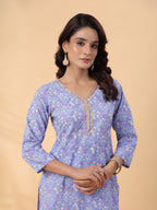 Janasya Regular Cambric Ice Blue Floral V-Neck Kurta Set | Grocsy