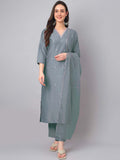 Janasya Regular Chinnon Ice Blue Embroidered V-Neck Kurta,Bottom & Dupatta | Grocsy