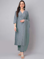 Janasya Regular Chinnon Ice Blue Embroidered V-Neck Kurta,Bottom & Dupatta | Grocsy