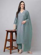 Janasya Regular Chinnon Ice Blue Embroidered V-Neck Kurta,Bottom & Dupatta | Grocsy