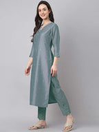 Janasya Regular Chinnon Ice Blue Embroidered V-Neck Kurta,Bottom & Dupatta | Grocsy