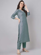 Janasya Regular Chinnon Ice Blue Embroidered V-Neck Kurta,Bottom & Dupatta | Grocsy