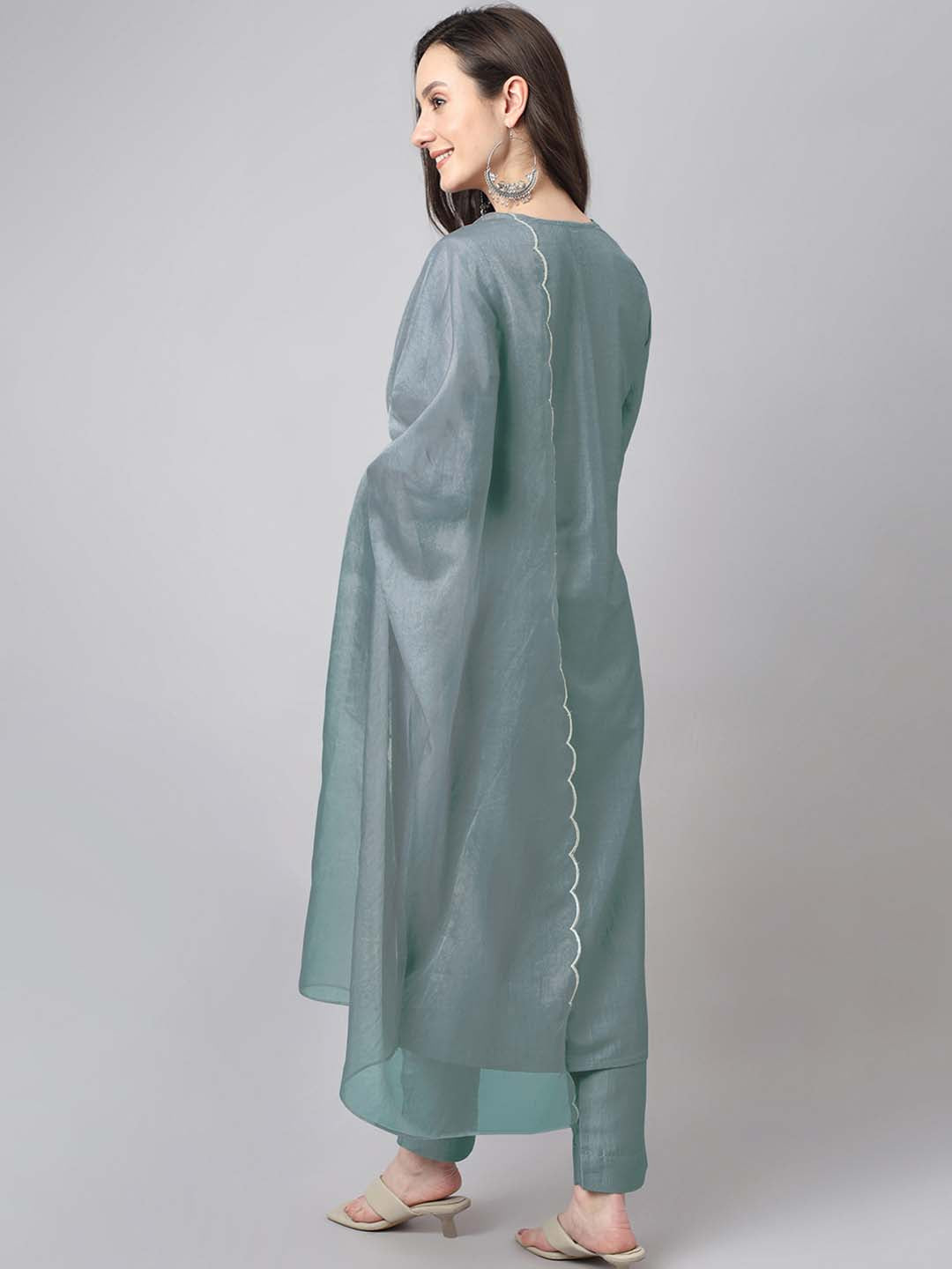 Janasya Regular Chinnon Ice Blue Embroidered V-Neck Kurta,Bottom & Dupatta | Grocsy