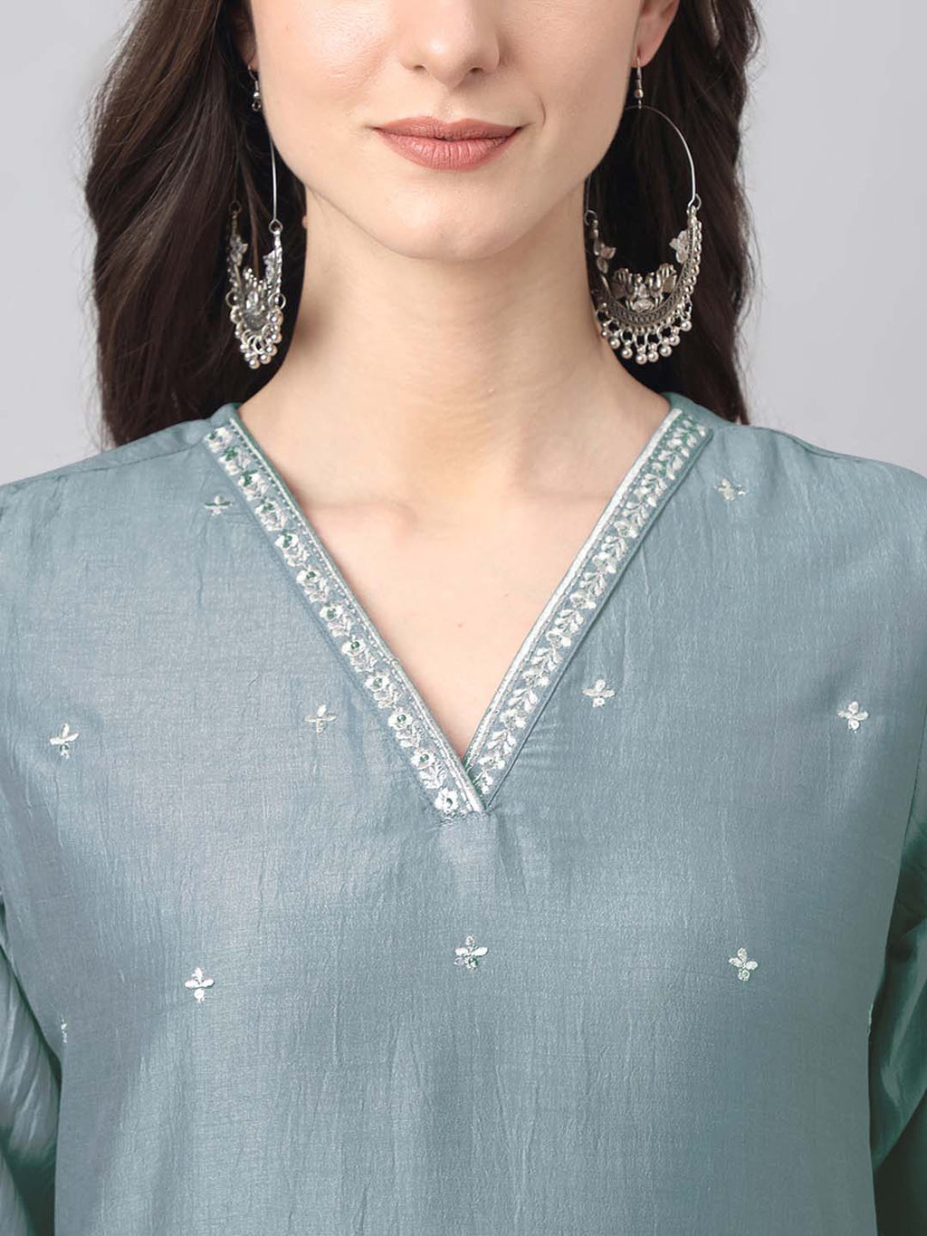 Janasya Regular Chinnon Ice Blue Embroidered V-Neck Kurta,Bottom & Dupatta | Grocsy