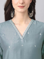 Janasya Regular Chinnon Ice Blue Embroidered V-Neck Kurta,Bottom & Dupatta | Grocsy