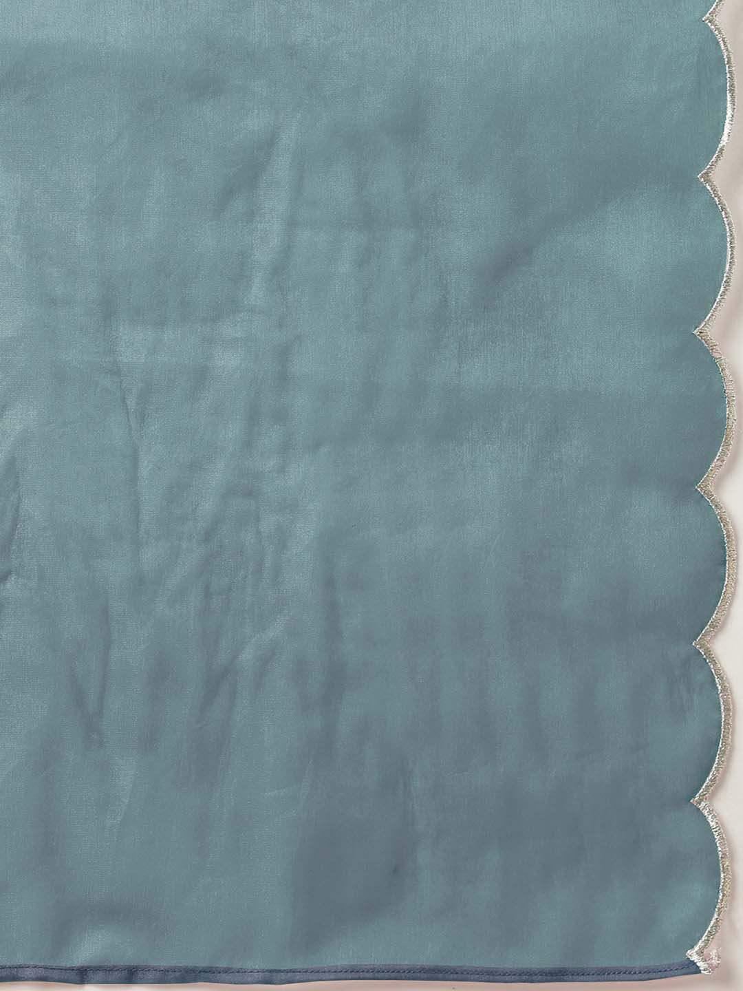 Janasya Regular Chinnon Ice Blue Embroidered V-Neck Kurta,Bottom & Dupatta | Grocsy