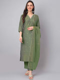 Janasya Regular Chinnon Green Ethnic Motifs V-Neck Kurta,Bottom & Dupatta | Grocsy