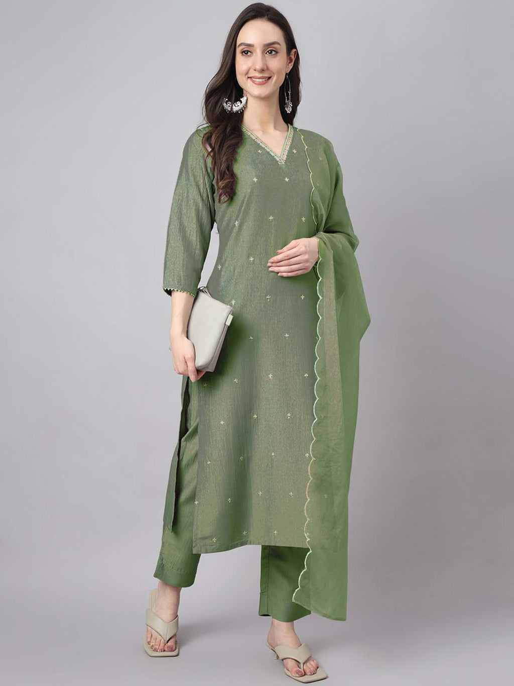 Janasya Regular Chinnon Green Ethnic Motifs V-Neck Kurta,Bottom & Dupatta | Grocsy