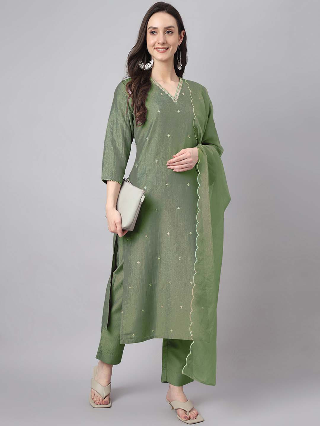 Janasya Regular Chinnon Green Ethnic Motifs V-Neck Kurta,Bottom & Dupatta | Grocsy