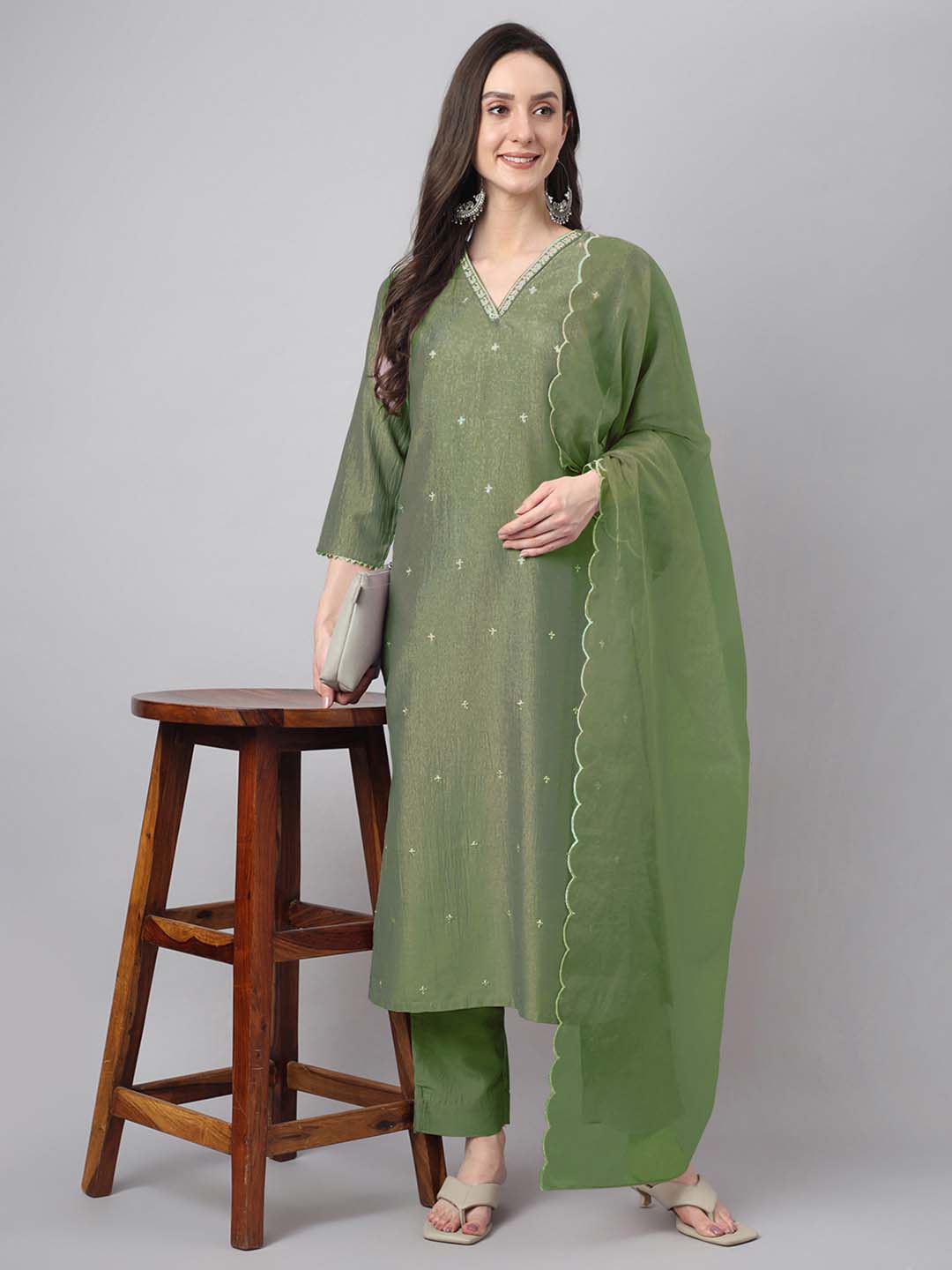 Janasya Regular Chinnon Green Ethnic Motifs V-Neck Kurta,Bottom & Dupatta | Grocsy