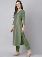 Janasya Regular Chinnon Green Ethnic Motifs V-Neck Kurta,Bottom & Dupatta | Grocsy