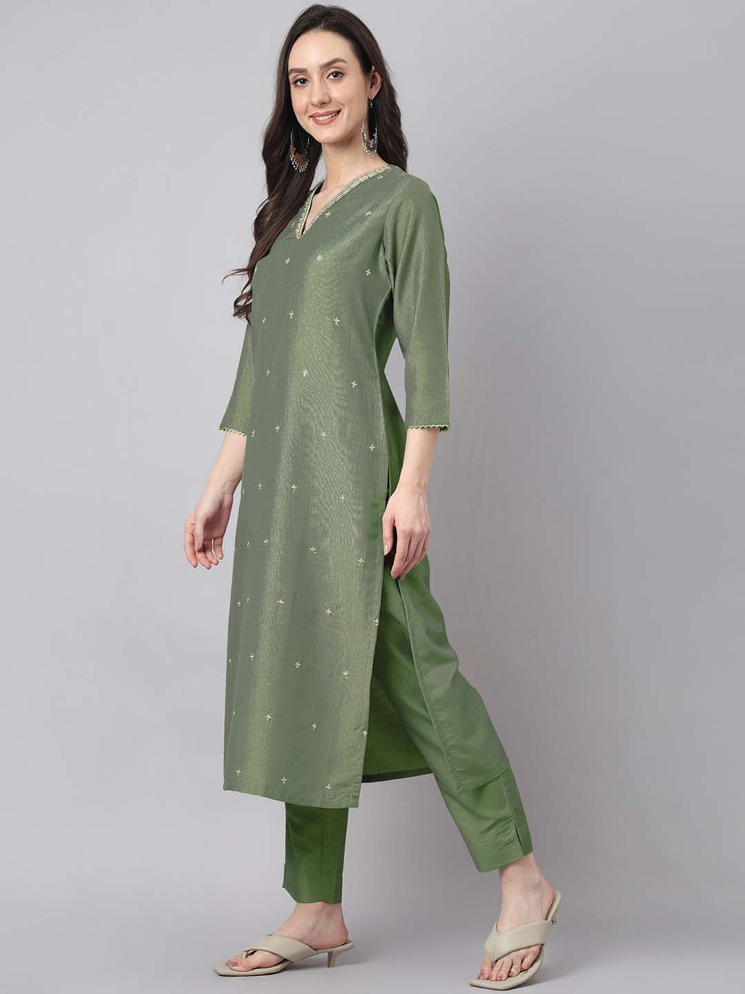 Janasya Regular Chinnon Green Ethnic Motifs V-Neck Kurta,Bottom & Dupatta | Grocsy