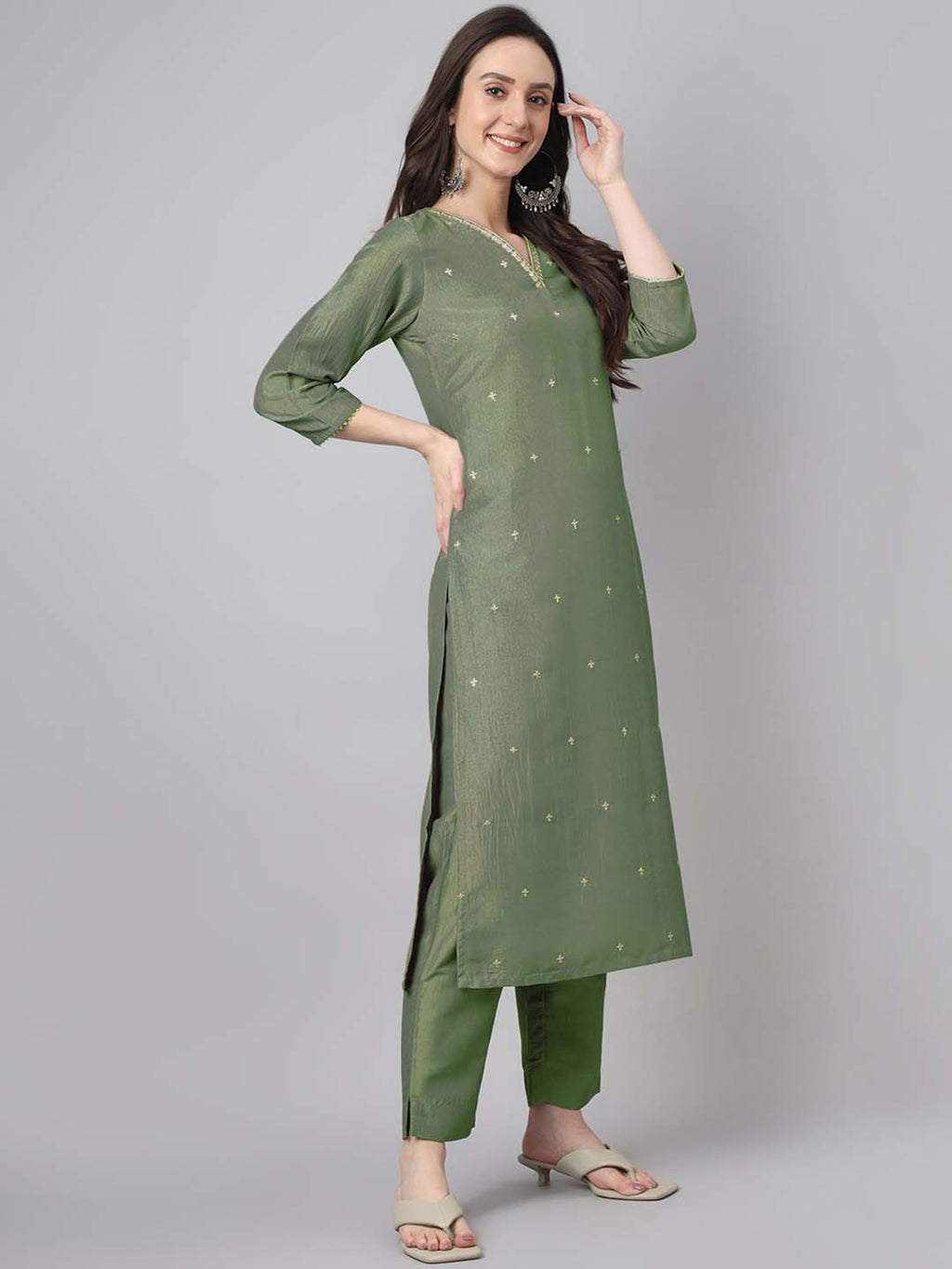 Janasya Regular Chinnon Green Ethnic Motifs V-Neck Kurta,Bottom & Dupatta | Grocsy