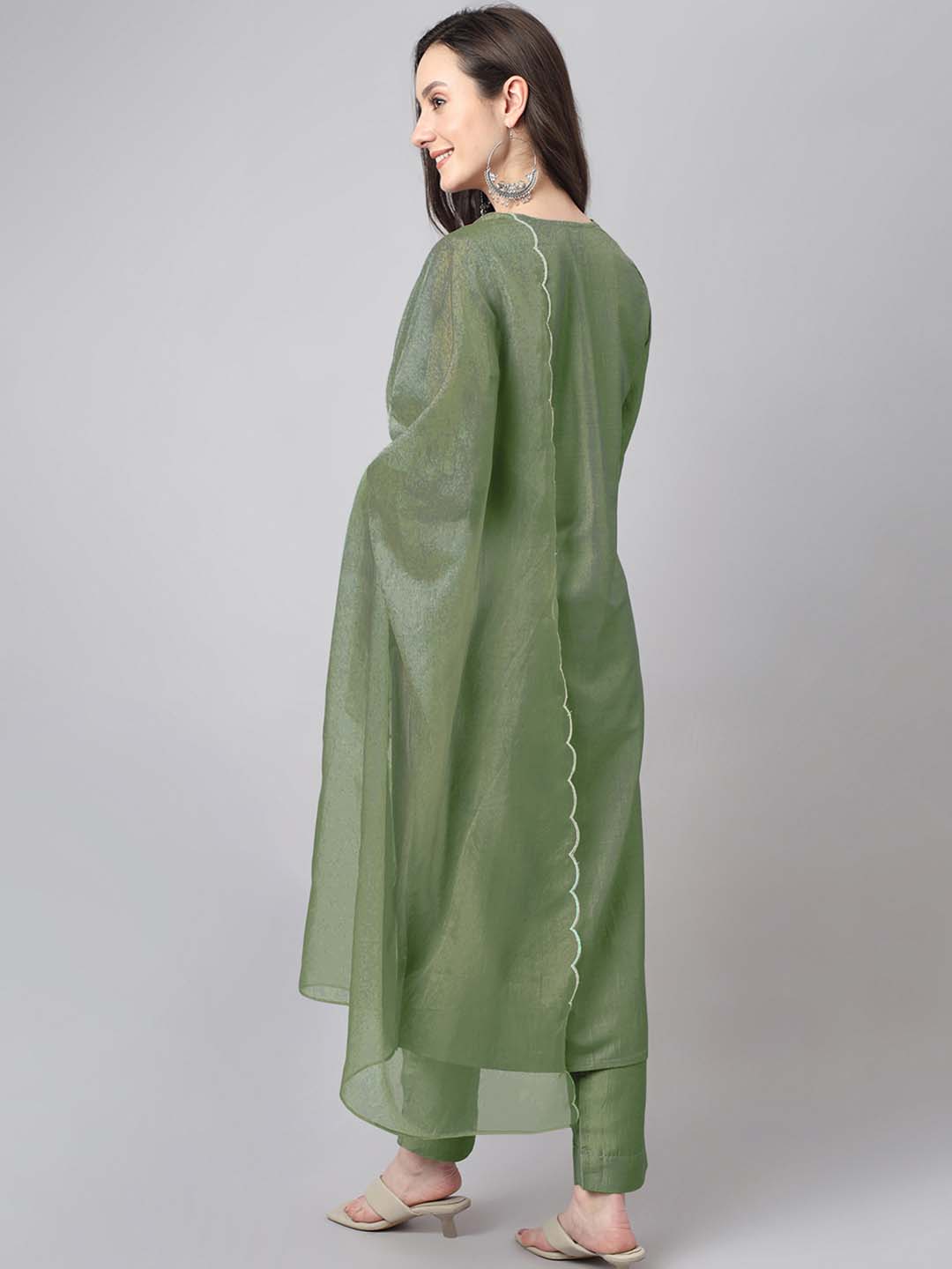 Janasya Regular Chinnon Green Ethnic Motifs V-Neck Kurta,Bottom & Dupatta | Grocsy