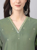 Janasya Regular Chinnon Green Ethnic Motifs V-Neck Kurta,Bottom & Dupatta | Grocsy