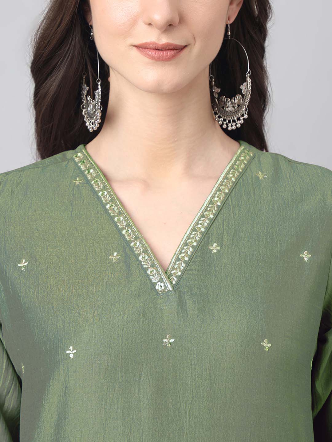 Janasya Regular Chinnon Green Ethnic Motifs V-Neck Kurta,Bottom & Dupatta | Grocsy