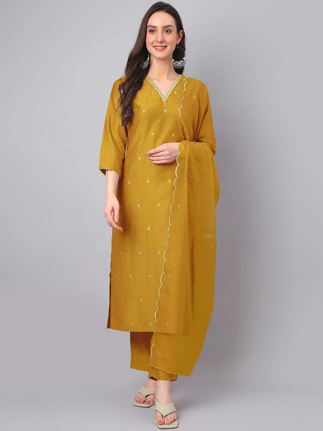 Janasya Regular Chinnon Mustard Ethnic Motifs V-Neck Kurta,Bottom & Dupatta | Grocsy