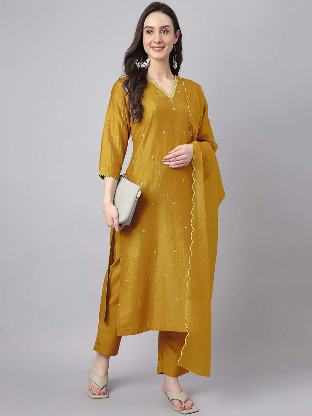 Janasya Regular Chinnon Mustard Ethnic Motifs V-Neck Kurta,Bottom & Dupatta | Grocsy