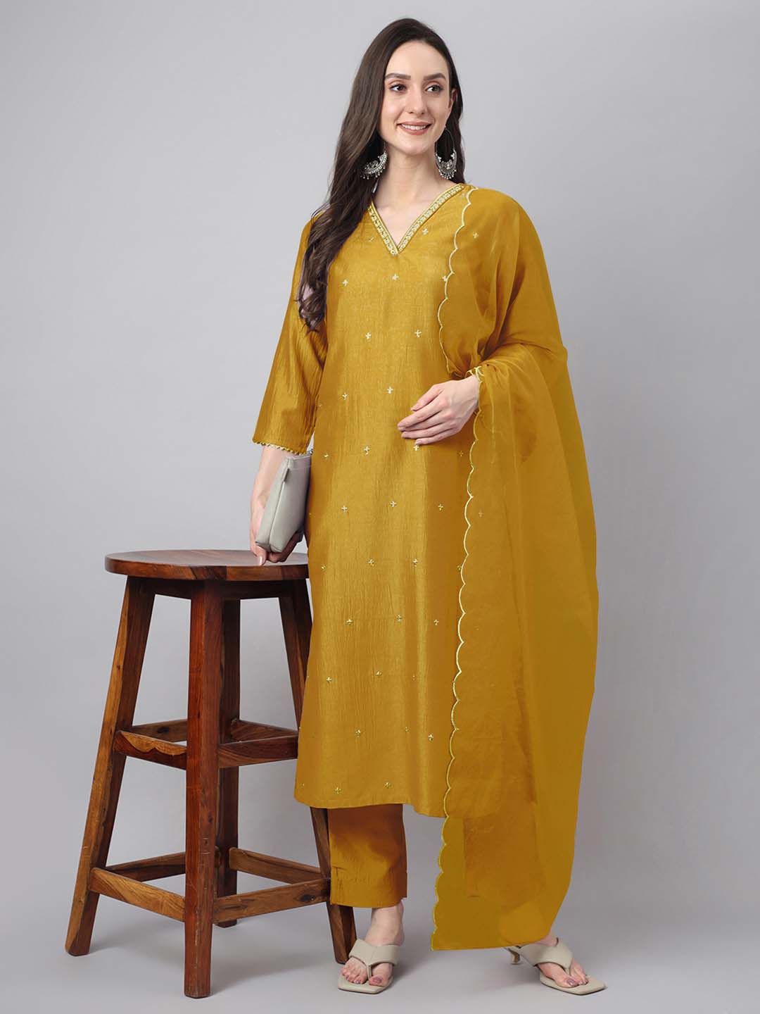 Janasya Regular Chinnon Mustard Ethnic Motifs V-Neck Kurta,Bottom & Dupatta | Grocsy