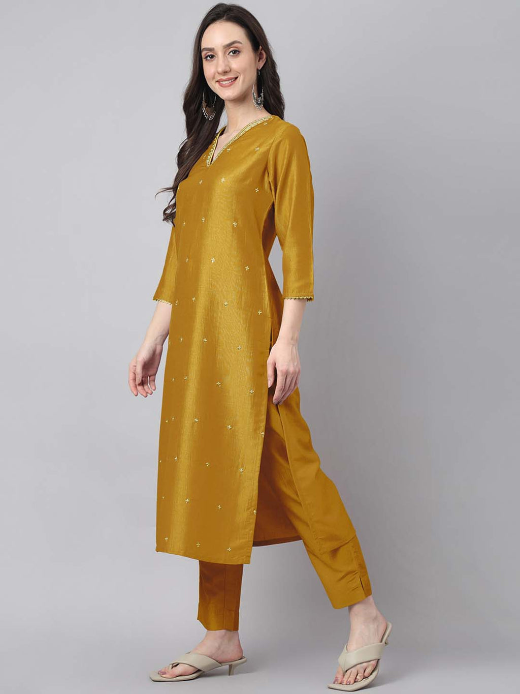 Janasya Regular Chinnon Mustard Ethnic Motifs V-Neck Kurta,Bottom & Dupatta | Grocsy